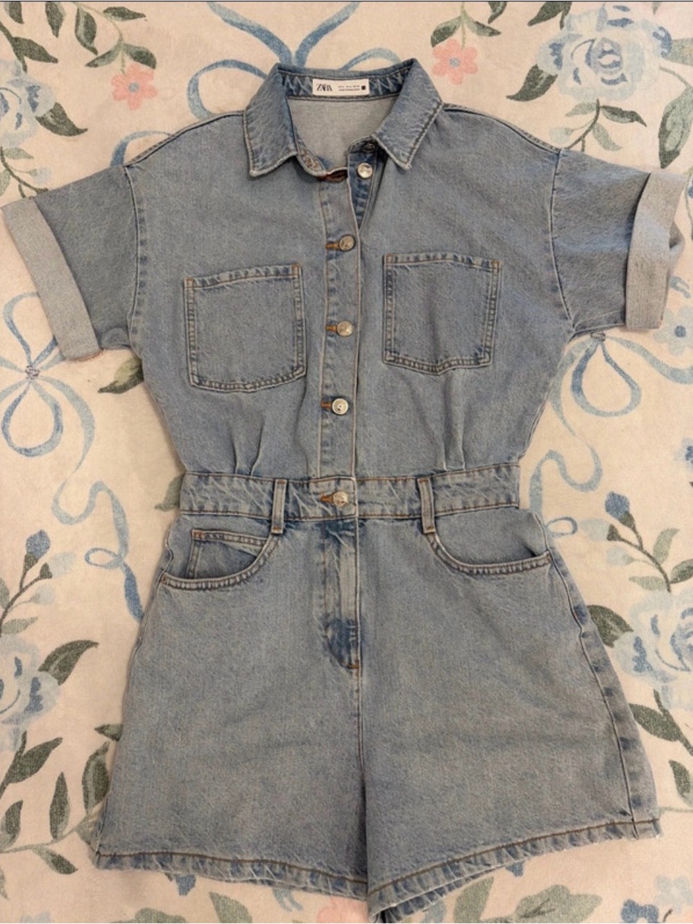Zara Light Blue Denim Short Sleeve Romper